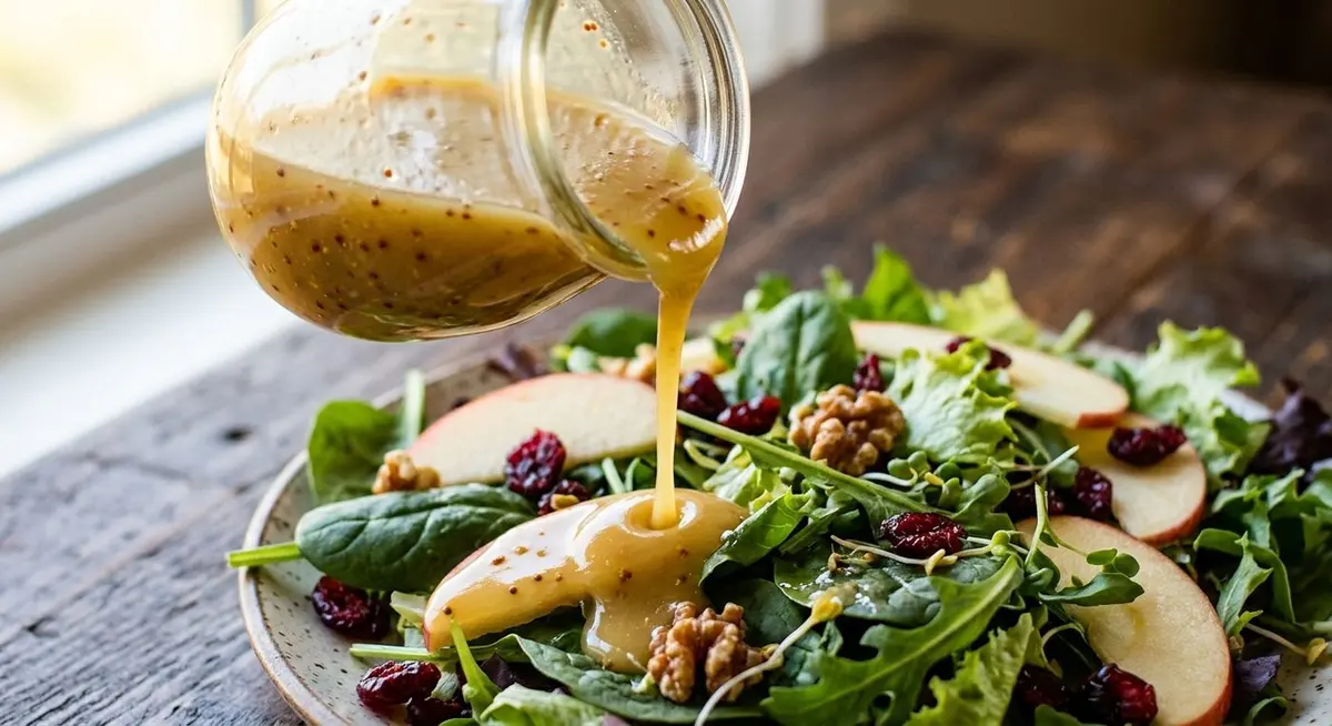 Close-up of maple Dijon vinaigrette pouring in a glossy ribbon from a small glass jar onto mixed greens with sliced apple and dried cranberries