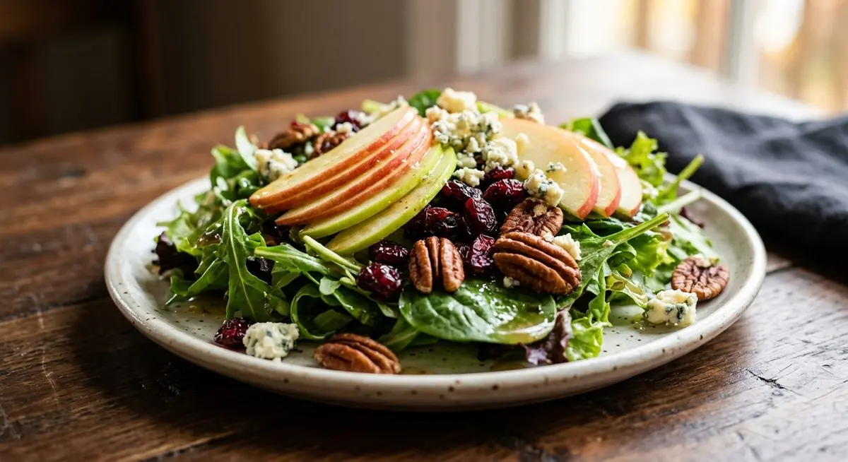 A single plated serving of apple cranberry salad on a round off-white plate with fanned apple slices, pecans, dried cranberries and blue cheese crumbles
