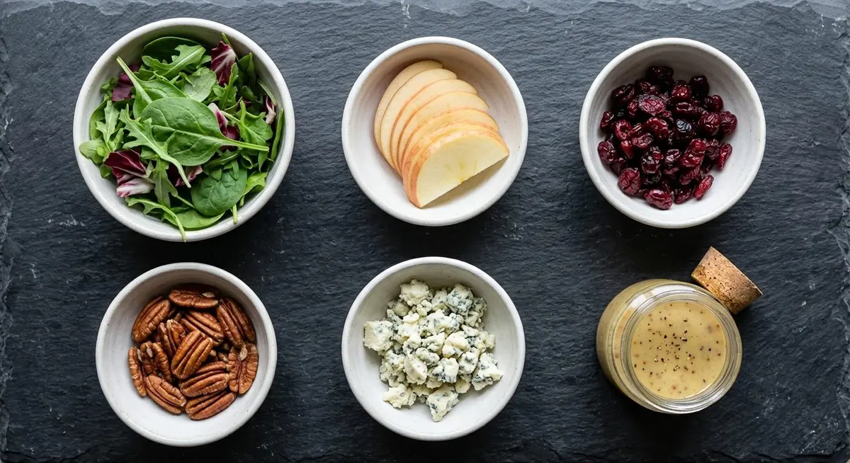 Flat lay of apple cranberry salad ingredients in small white bowls: mixed baby greens, sliced apples, dried cranberries, pecan halves, crumbled blue cheese and a jar of maple Dijon vinaigrette