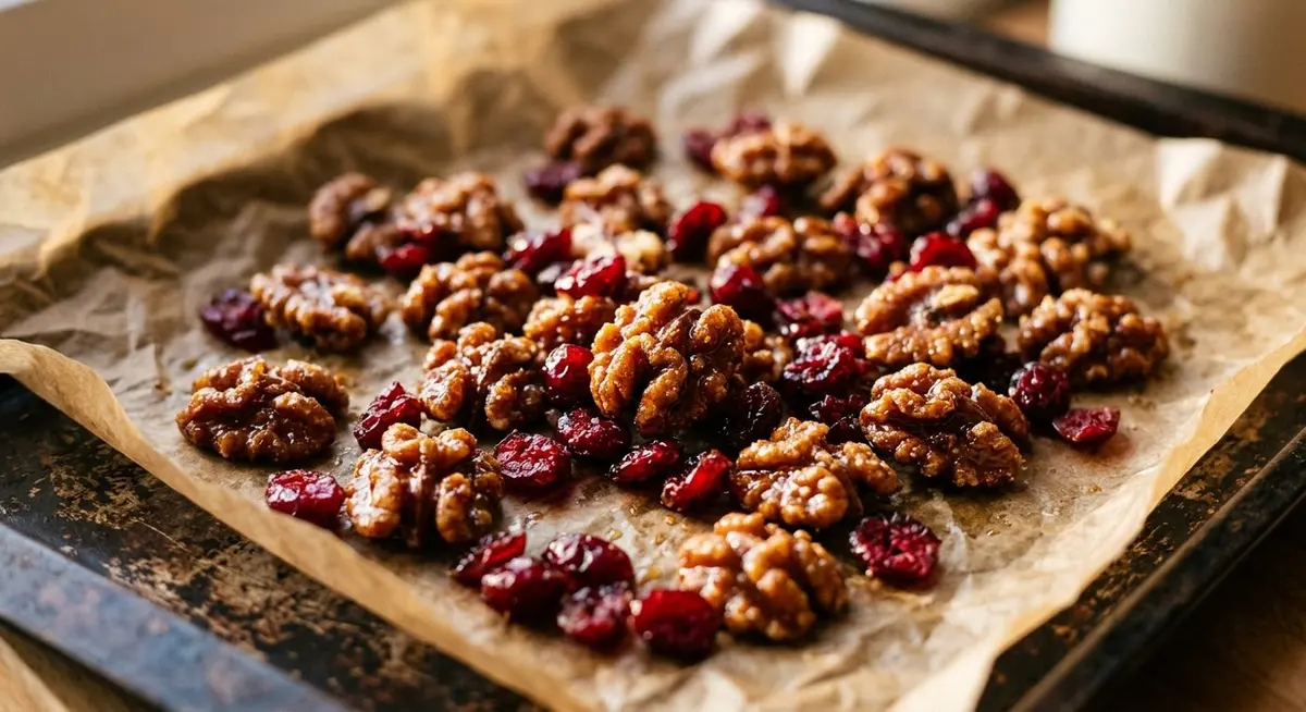 Candied walnuts and dried cranberries cooling on parchment paper on a dark baking tray, the caramelised glaze catching the light