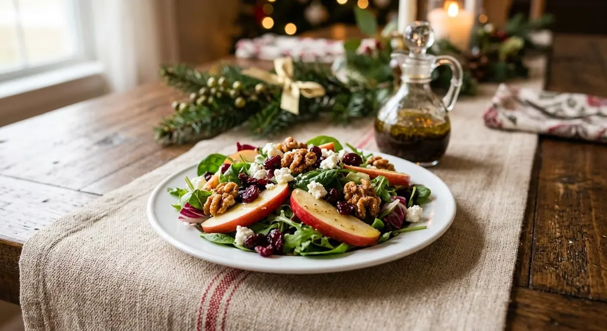 A single serving of apple cranberry walnut salad on a white plate with a small glass jug of vinaigrette behind it on a festive table setting