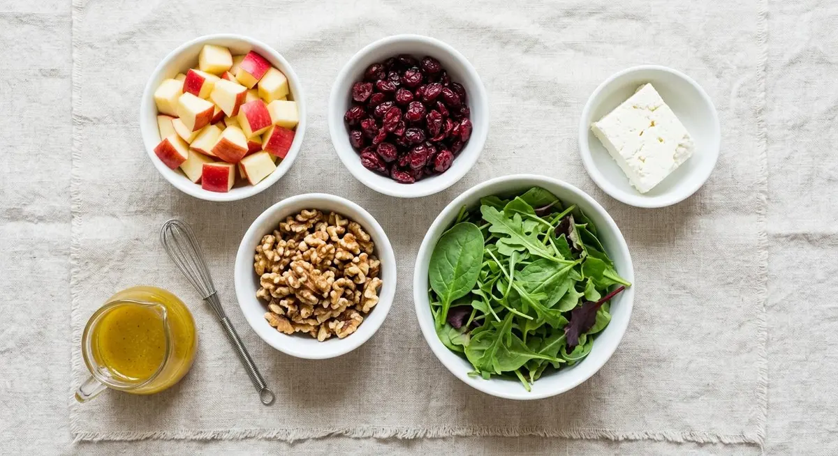 Overhead flat lay of apple cranberry walnut salad ingredients in small white bowls: sliced apples, dried cranberries, toasted walnuts, blue cheese, baby greens and a jug of apple cider vinaigrette
