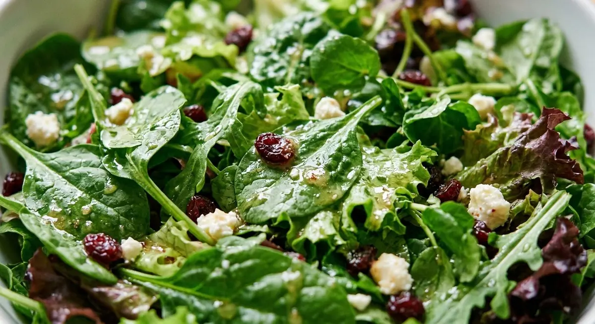 Close-up of fresh mixed salad leaves lightly coated in a glossy pale golden vinaigrette catching soft daylight, with small dark red berries and white cheese crumbles nestled between the leaves
