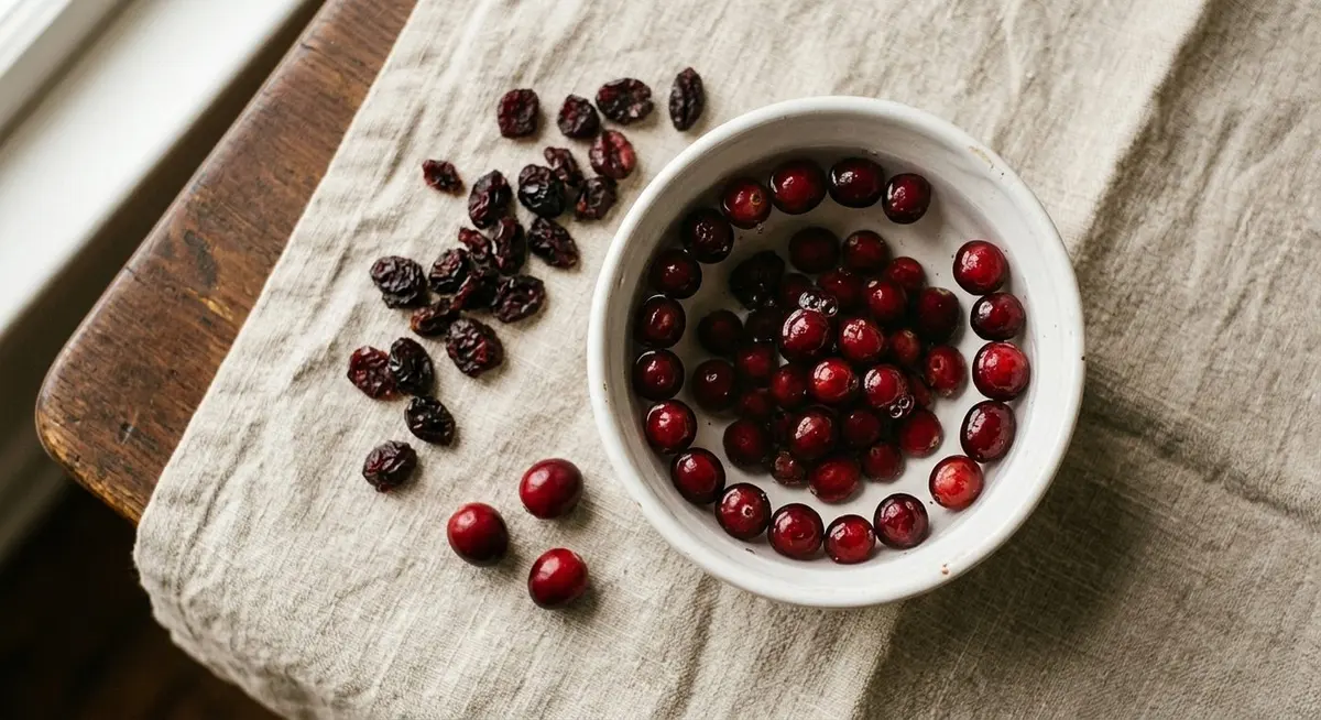 Small white bowl of clear liquid with dark red dried cranberries soaking and swelling to plump round berries, with a trail of dry shrivelled cranberries scattered on pale linen beside it