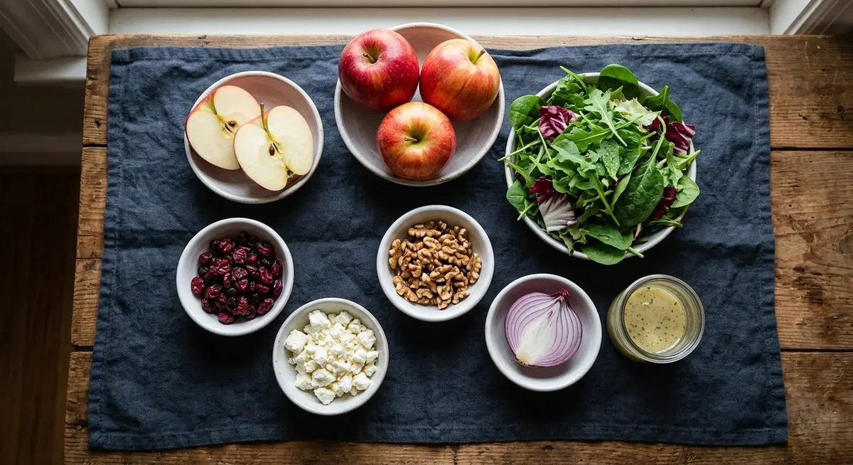 Flat lay of salad ingredients in separate small white bowls on a dark linen cloth: whole and halved red apples, mixed baby salad leaves, dried cranberries, walnut halves, white cheese, red onion and a jar of vinaigrette