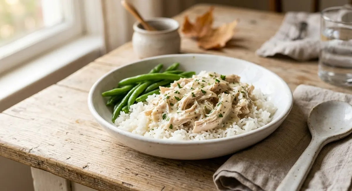A bowl of steamed white rice topped with shredded chicken in cream gravy beside a portion of green beans