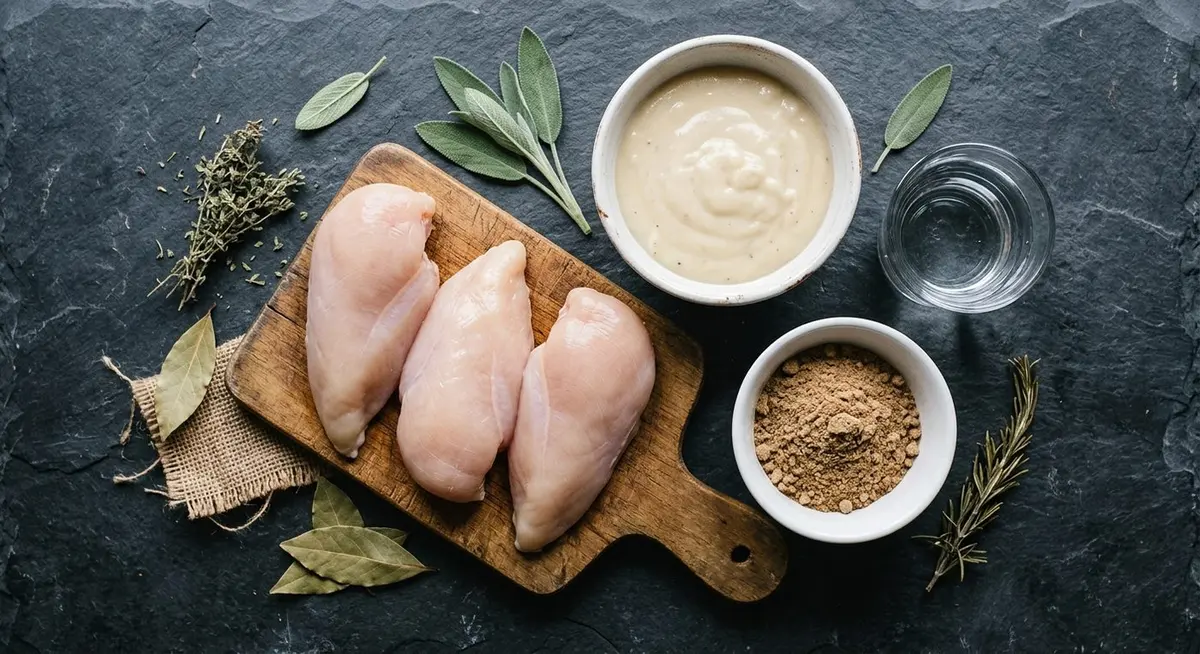 Raw chicken breasts, a bowl of cream of chicken soup, a bowl of dry gravy mix and a glass of water laid out on slate