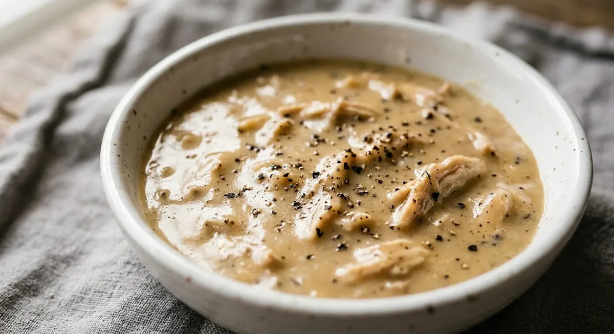 Close-up of silky pale cream gravy with black pepper specks and shreds of chicken