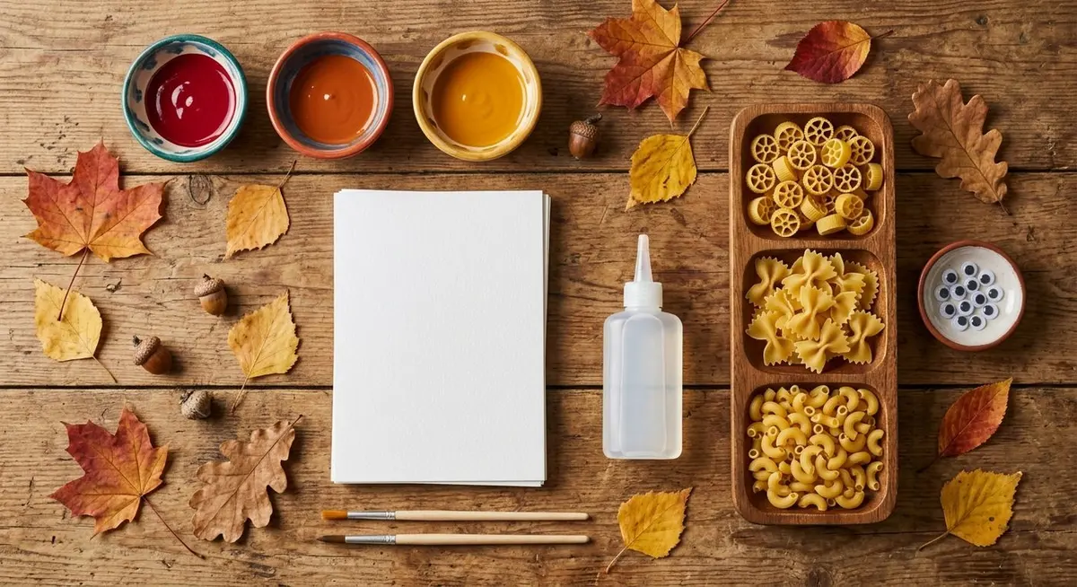 A flat lay of autumn craft supplies on a wooden table: bowls of red, orange and yellow paint, dried pasta, white cardstock, googly eyes and real autumn leaves