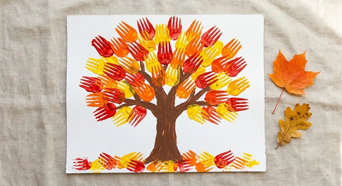A child's painting of a brown tree trunk with a canopy of red, orange and yellow fork prints, on white cardstock