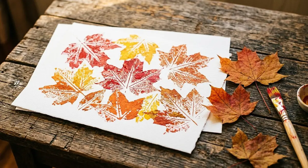 A sheet of paper covered in leaf prints in red, orange and yellow paint, with a few real maple leaves resting beside it