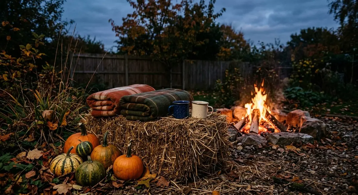 A small campfire glowing at dusk in a backyard with folded wool blankets and enamel mugs on a straw hay bale and pumpkins at the edge of the frame