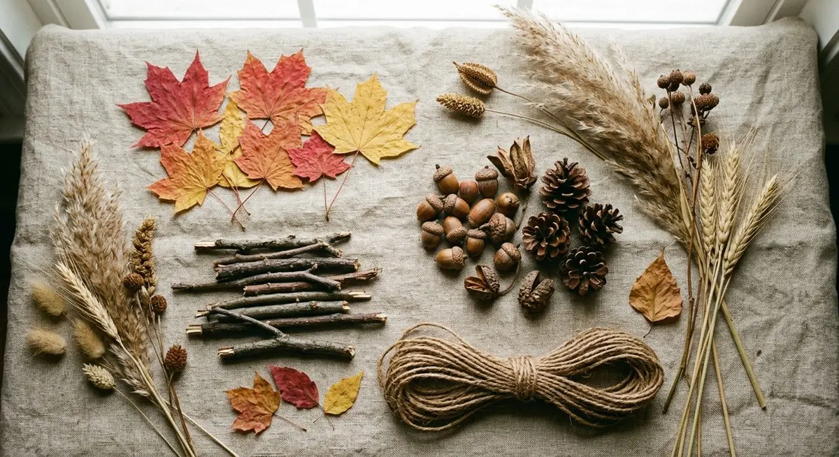 An overhead flat lay of autumn nature-craft materials on linen: pressed red and yellow maple leaves, twigs, acorns, pinecones, dried grasses and a coil of brown twine