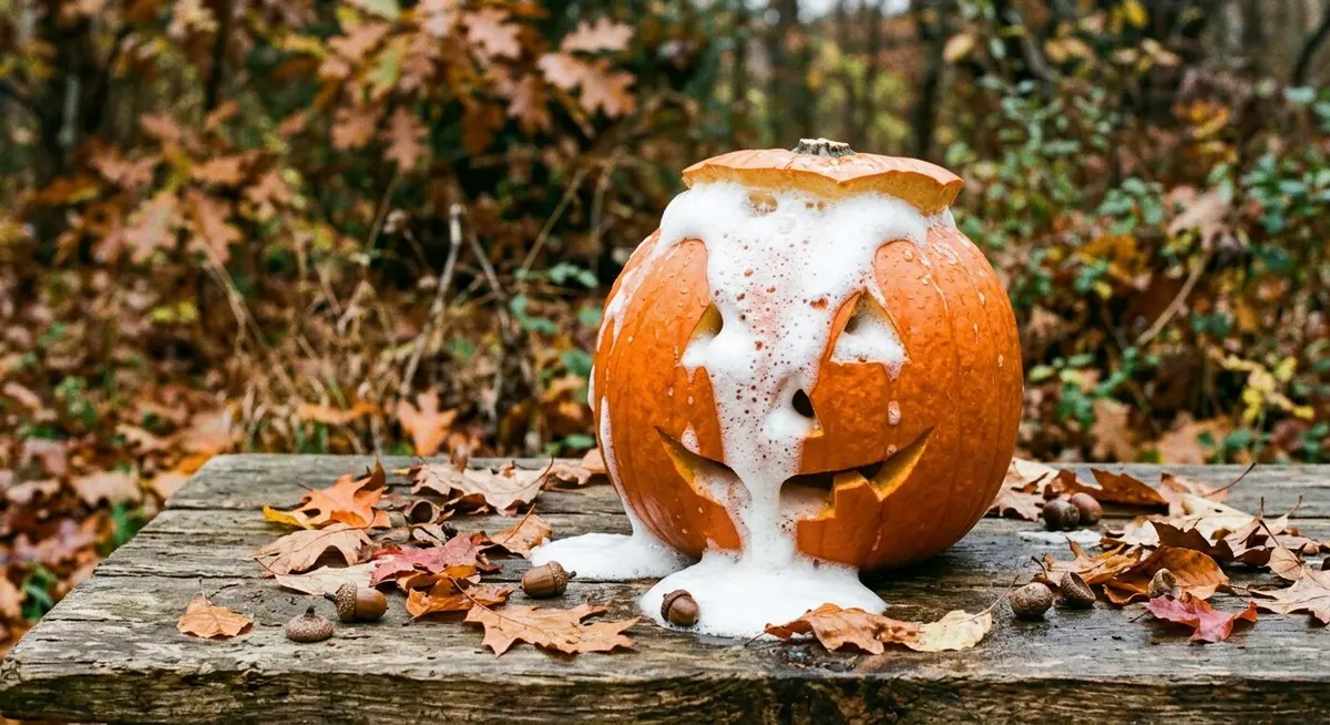 A carved orange pumpkin on a weathered wooden board with white foam erupting and spilling from its top opening, surrounded by dry autumn leaves and acorns