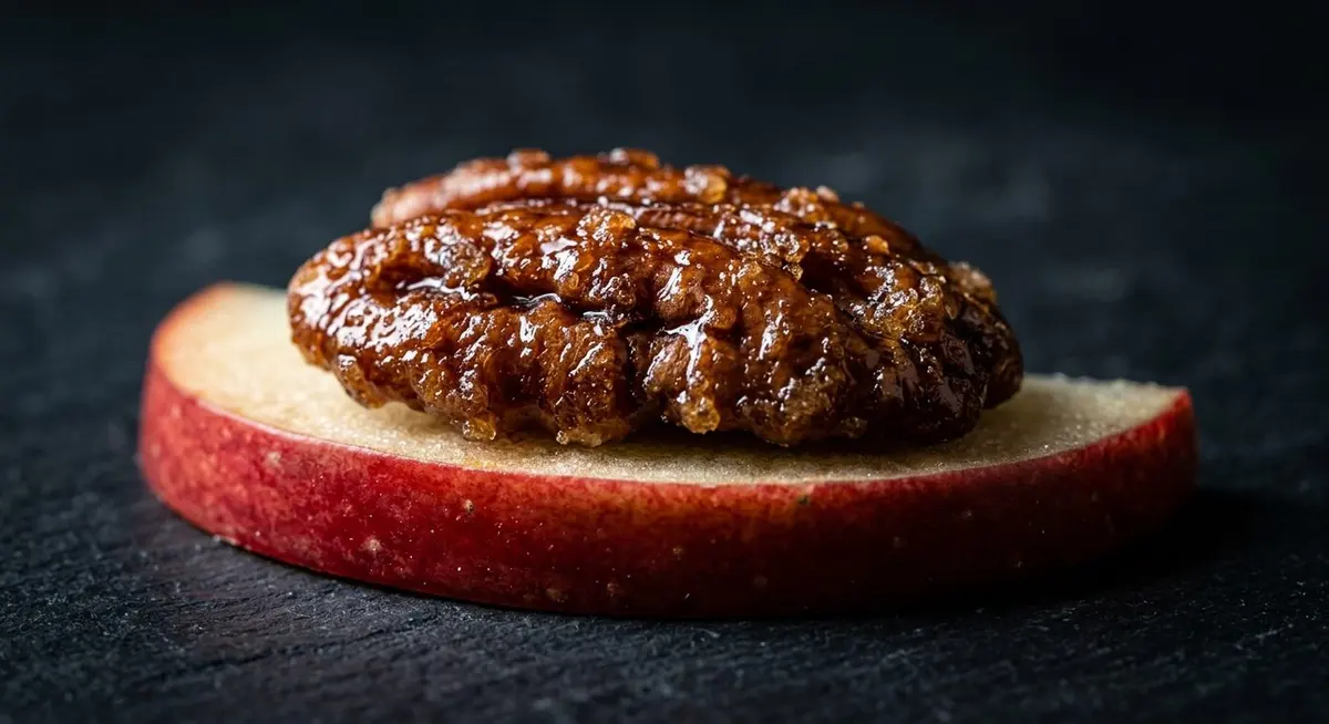 Macro close-up of a glossy candied pecan half resting on a thin slice of crisp red-skinned apple