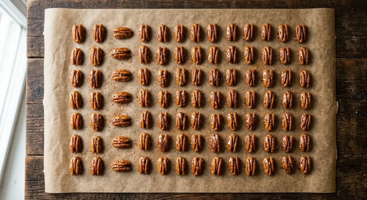 Candied pecan halves spread in a single layer on brown parchment paper with a light dusting of cinnamon
