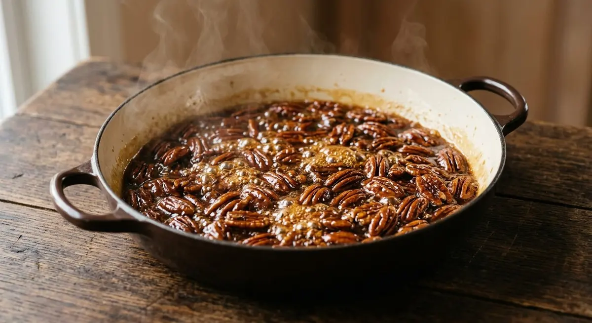 Pecan halves glazing in bubbling amber caramel in a cast iron pan with steam rising