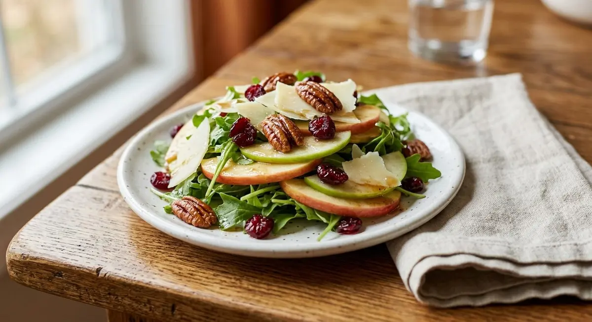 A single serving of fall apple salad on a white plate with red apple slices, candied pecans, dried cranberries and shaved white cheddar over arugula