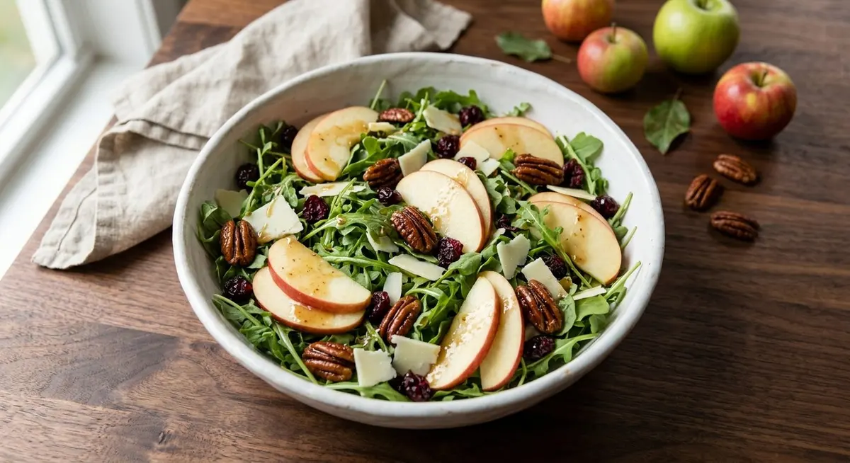 Fall apple salad with arugula, red apple slices, white cheddar shavings, dried cranberries and candied pecans piled in a large white ceramic bowl on a dark wooden table
