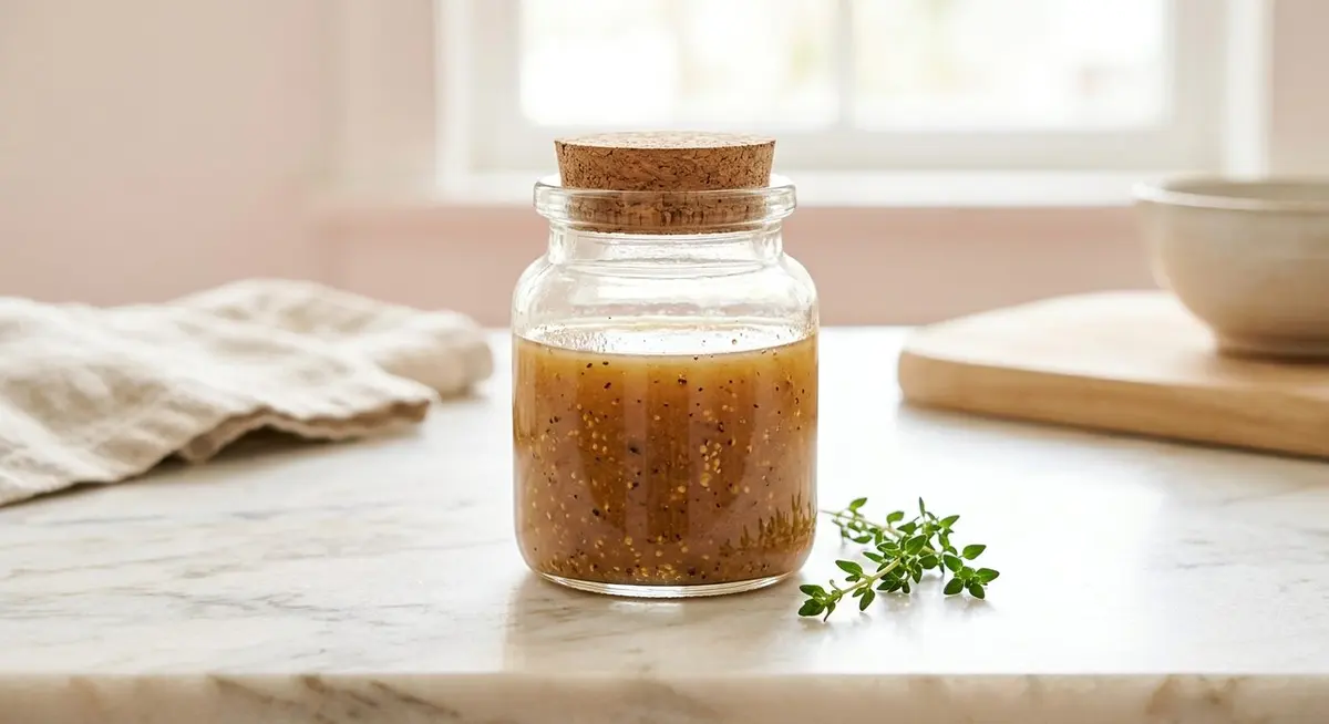 Small glass jar of maple balsamic vinaigrette with a sprig of fresh thyme beside it on a marble surface