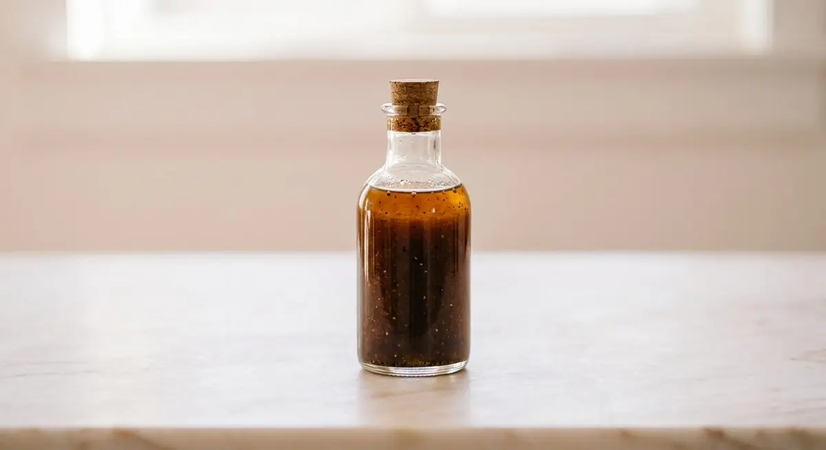 Glass bottle of maple balsamic vinaigrette with fine black pepper flecks visible through the glass, standing on a marble counter