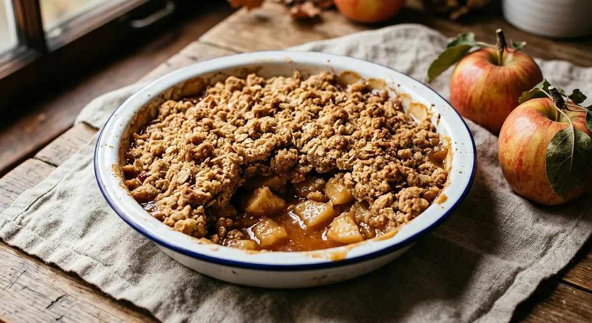 Close-up of a golden oat crumble topping broken open to reveal tender caramelised apple chunks bubbling beneath in a white enamel baking dish