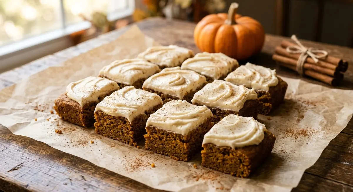 Neatly cut squares of pumpkin spice bars with swirled cream cheese frosting arranged on parchment paper with cinnamon sticks