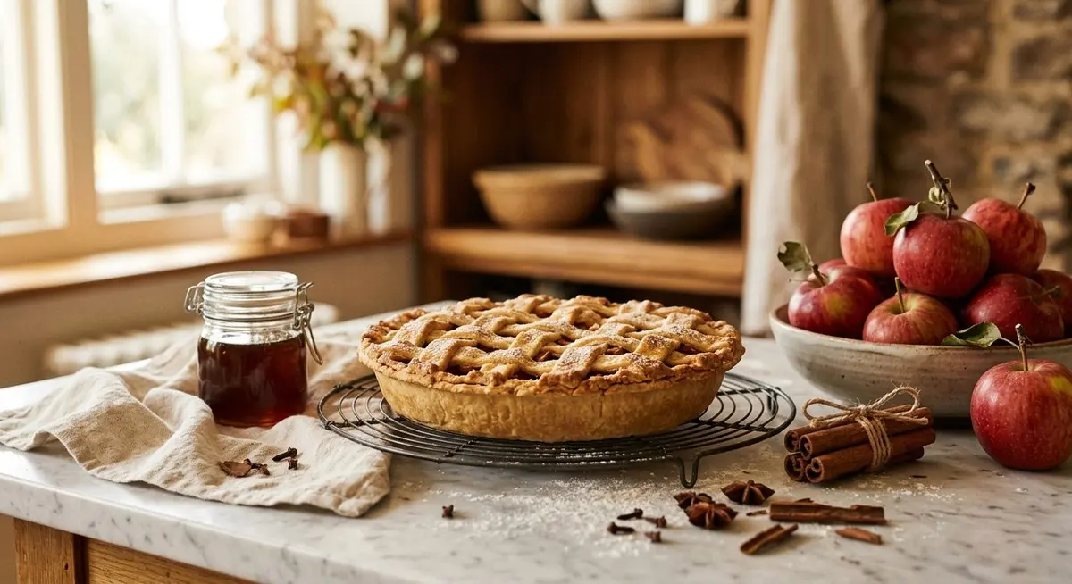 A golden lattice apple pie on a wire cooling rack beside a heap of red apples, cinnamon sticks tied with twine and a small jar of amber honey on a kitchen counter