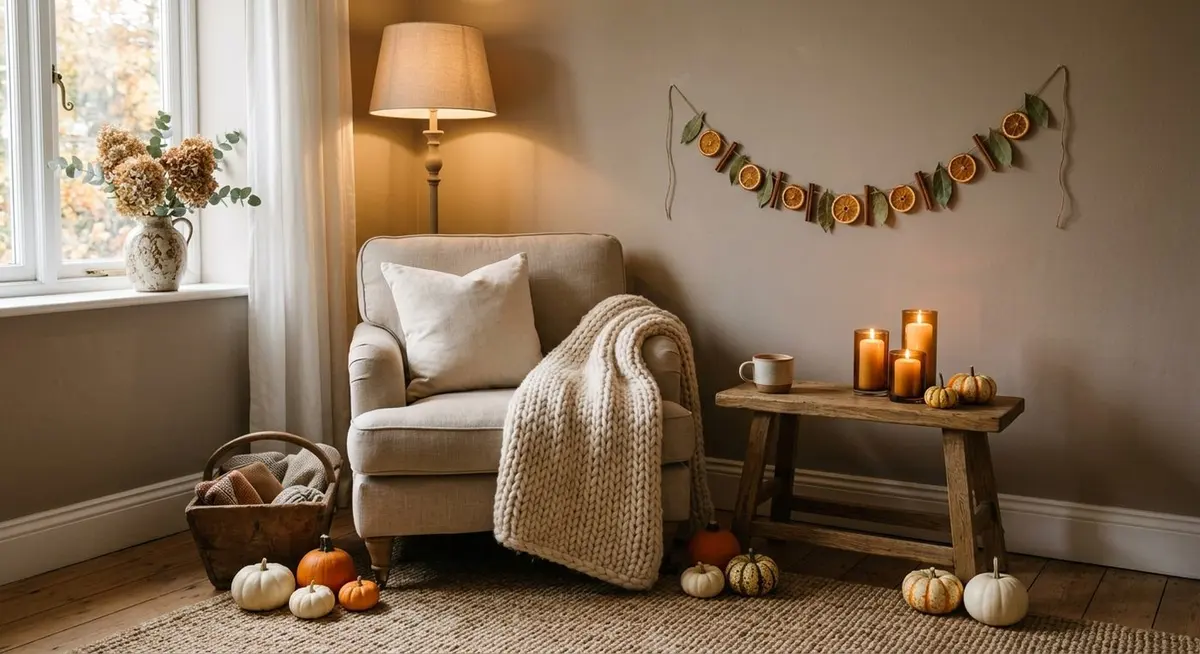 A cosy autumn reading corner with a chunky cream knitted throw over a linen armchair, lit pillar candles in amber glass holders, a dried orange slice garland and small pumpkins on a woven jute rug