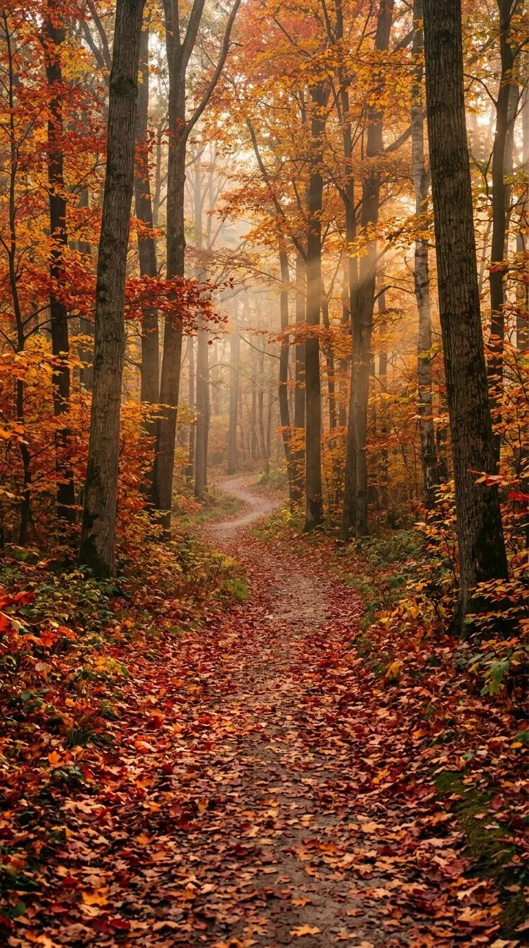 A leaf-carpeted woodland trail winding through tall trees at peak autumn colour with crimson, orange and gold leaves and low sunbeams through the trunks