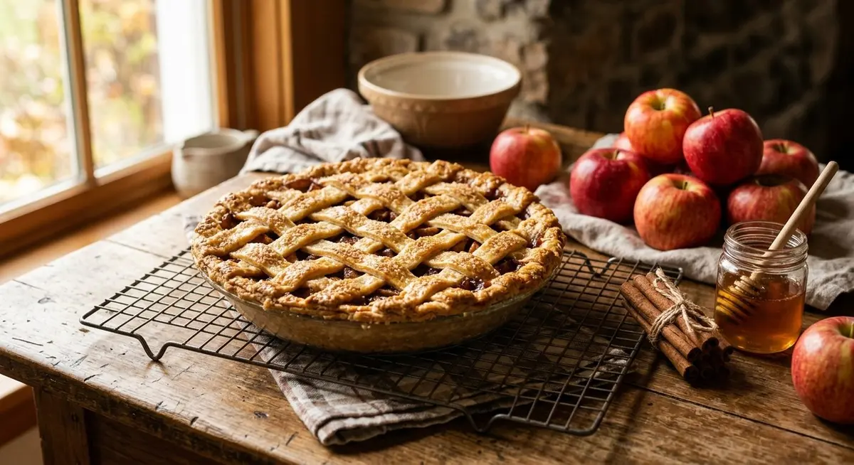 A golden lattice apple pie on a wire cooling rack beside a heap of red apples, cinnamon sticks tied with twine and a small jar of amber honey on a kitchen counter