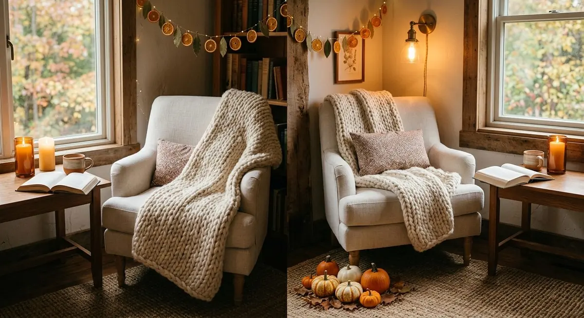 A cosy autumn reading corner with a chunky cream knitted throw over a linen armchair, lit pillar candles in amber glass holders, a dried orange slice garland and small pumpkins on a woven jute rug