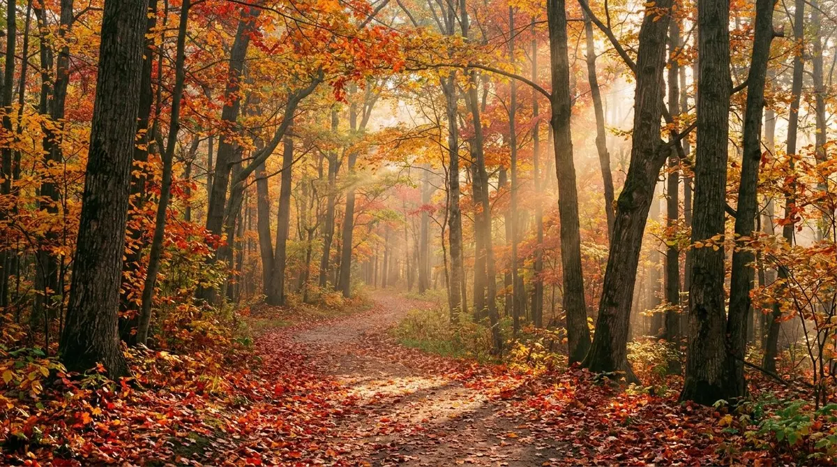 A leaf-carpeted woodland trail winding through tall trees at peak autumn colour with crimson, orange and gold leaves and low sunbeams through the trunks