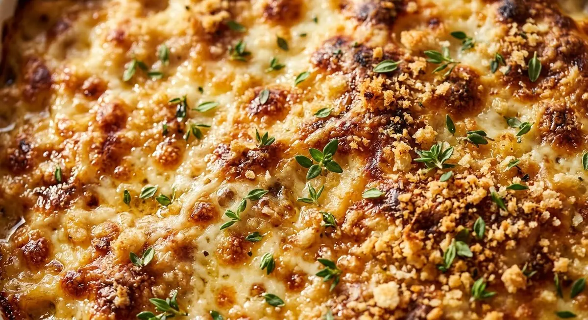 An extreme close-up of the surface of a freshly baked savory casserole, filling the frame with golden bubbling melted cheese, scattered crisp breadcrumbs and fresh thyme