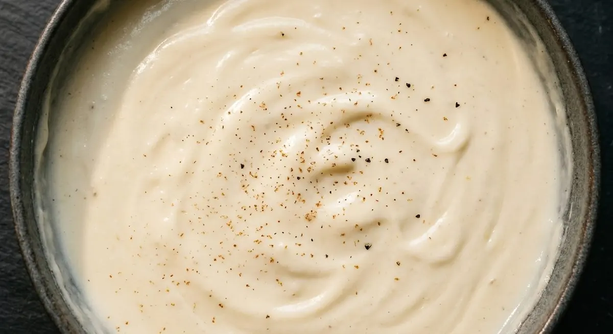 A tight overhead view looking straight down into a pan filled edge to edge with glossy velvety white sauce, faint swirls across the surface and a few specks of grated nutmeg