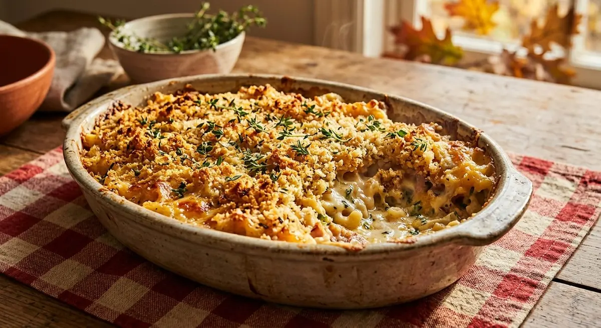 A close view of a deep oval ceramic baking dish of savory casserole under a golden crunchy crumb topping scattered with fresh thyme leaves, one corner already spooned out