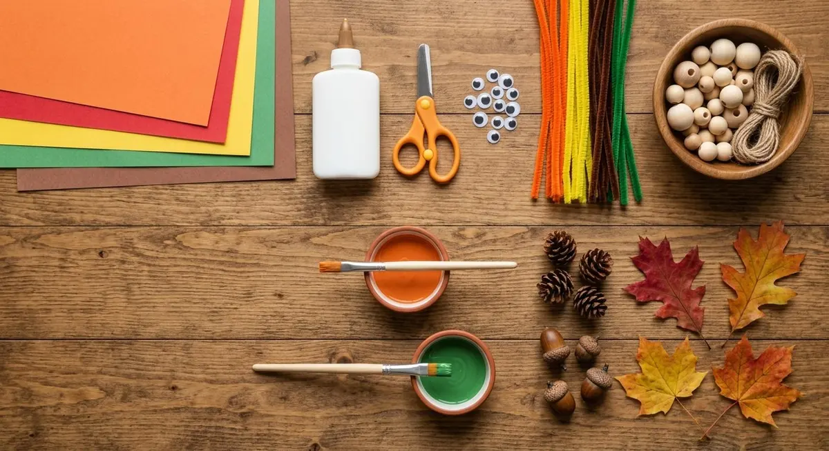 Overhead flat lay of autumn kids' craft supplies on a warm wooden surface: construction paper, white glue, child-safe scissors, googly eyes, pipe cleaners, wooden beads, paint pots, pinecones, acorns and fallen leaves