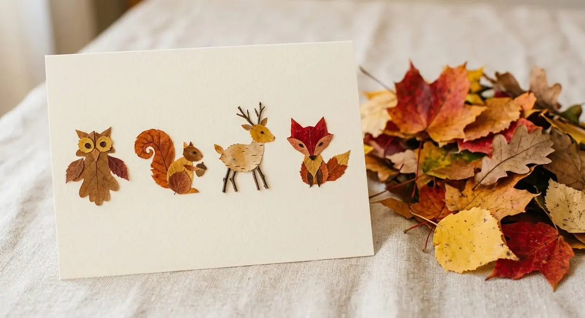 Pressed autumn leaves arranged into simple owl, squirrel, deer and fox shapes on cream card stock beside a pile of freshly gathered red, orange and yellow leaves