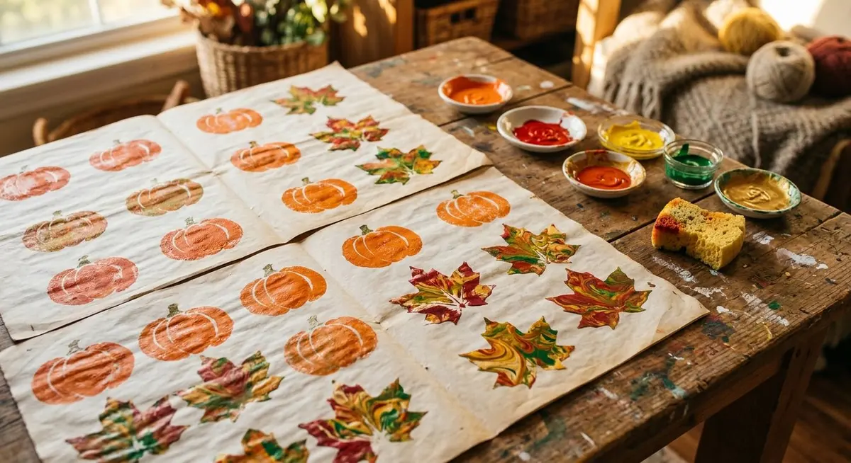 Freshly made autumn craft prints drying on newspaper, with round orange pumpkin shapes stamped in paint and marbled leaves in swirls of red, gold and green