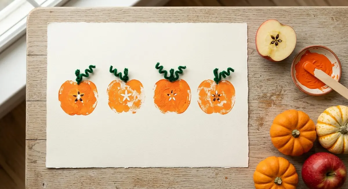 A row of apple-print pumpkins stamped in bright orange paint on cream paper with green pipe-cleaner vines, beside a halved apple and a dish of orange paint