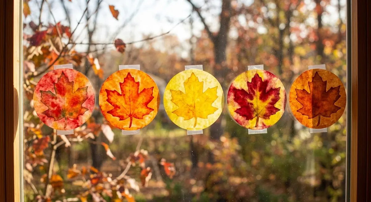 Round coffee-filter paper leaves in orange, red and yellow watercolour taped across a bright window, backlit so the colours glow like stained glass