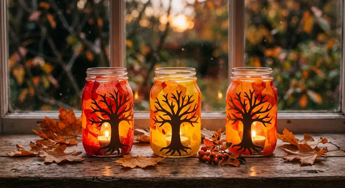 Three glass mason jars covered in torn red, orange and yellow tissue paper with brown cardstock tree silhouettes, lit by tealights on a rustic wooden windowsill