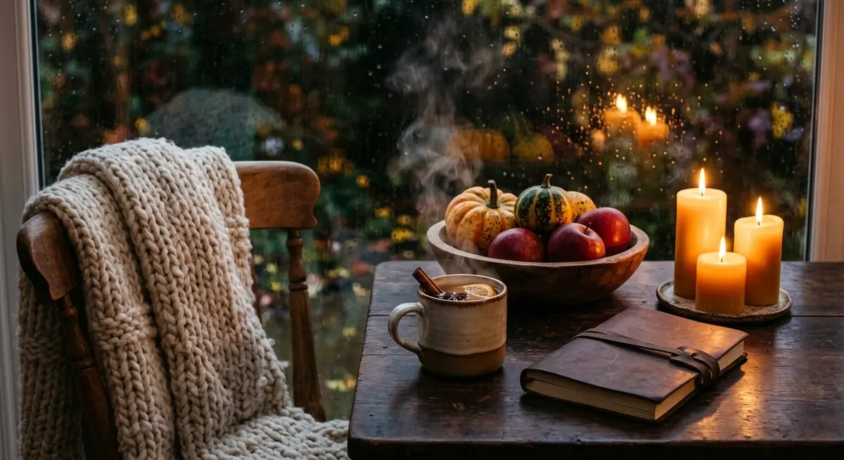 A dark wood table by a rain-flecked window with a steaming mug of mulled cider, lit candles, a leather journal and a bowl of small gourds