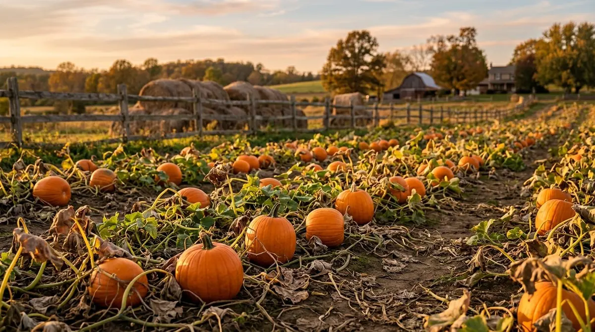 Rows of round orange pumpkins on green vines in a farm field at golden hour with hay bales and a wooden fence behind