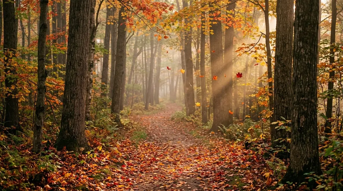 A leaf-carpeted woodland path in peak autumn with red and orange maple leaves and low sunbeams through the trees