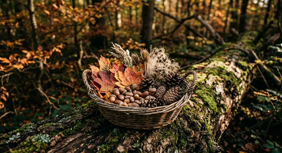 A small woven basket resting on a mossy log, filled with maple leaves, acorns, pinecones and feathered seed heads gathered on a forest floor