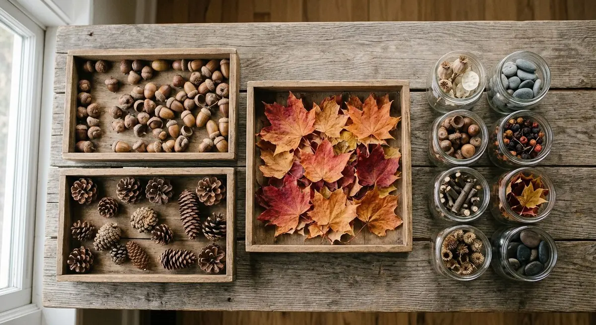 Autumn nature finds sorted into shallow wooden trays and small glass jars on a rustic table: acorns, pinecones, coloured leaves and seed pods
