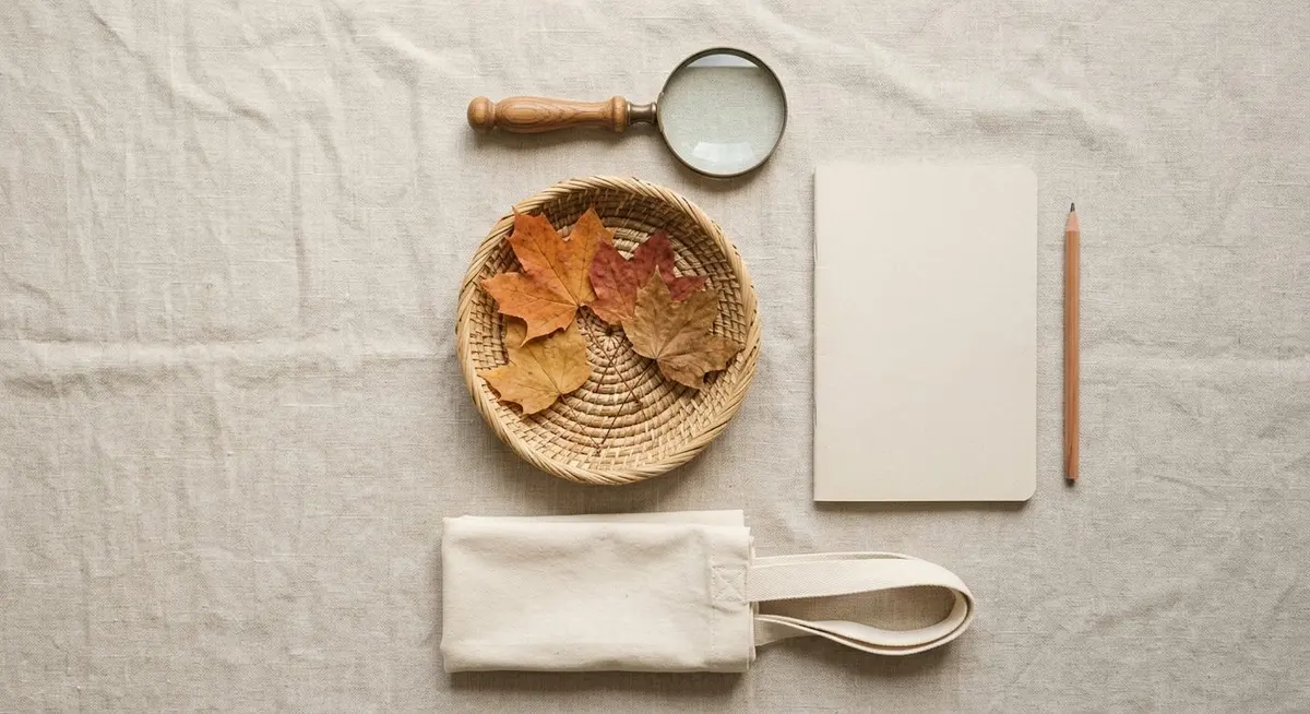 Overhead flat lay of a nature walk kit on pale linen: a small woven basket, a magnifying glass, a plain notebook, a wooden pencil, a canvas tote and fallen maple leaves
