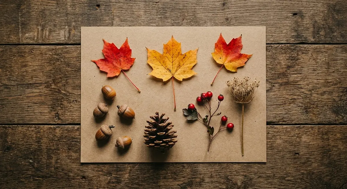 Acorns, a pinecone, red and yellow maple leaves, berries and a dried wildflower arranged on kraft paper on a rustic wooden table
