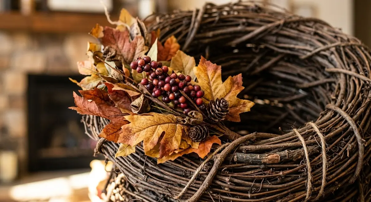 Close-up of an autumn foliage pick tucked into the woven vines of a grapevine wreath, showing dried vine texture, rust and ochre leaves and a small berry cluster